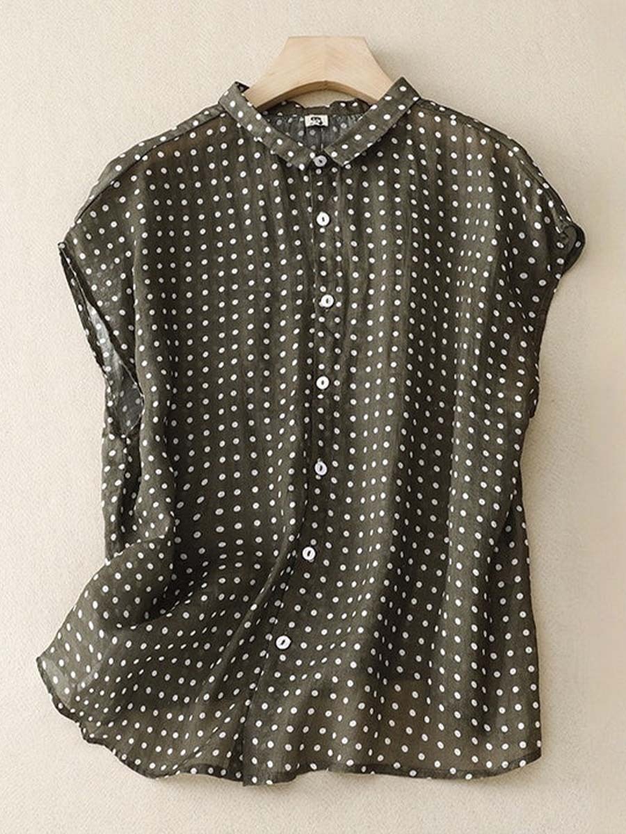 Women's Shirt Collar Sleeveless Polka Dot Print Casual Cotton and Linen Top