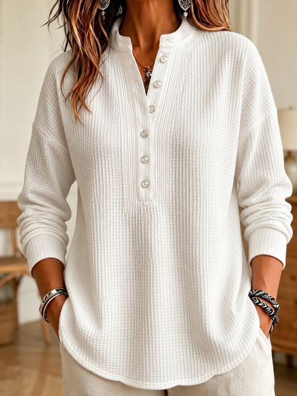 Women's Loose Fit Waffle Knit V-Neck Henley Shirt - Ultra Soft & Curve Friendly