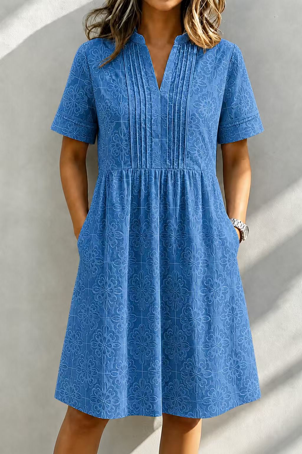 Casual V-Neck Embroidered Short Sleeve A-Line Dress with Pockets
