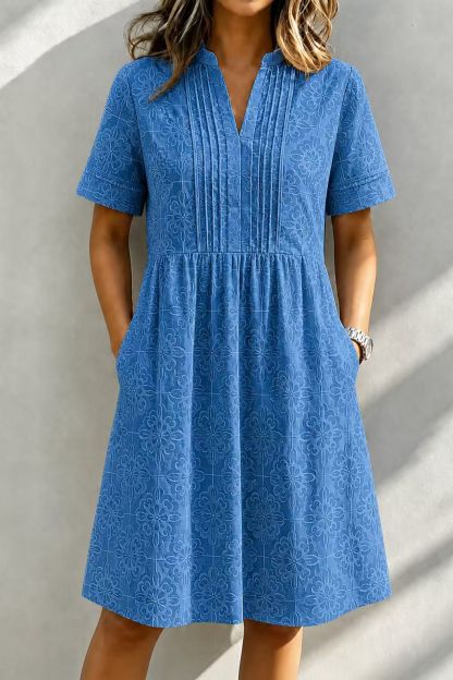 Casual V-Neck Embroidered Short Sleeve A-Line Dress with Pockets