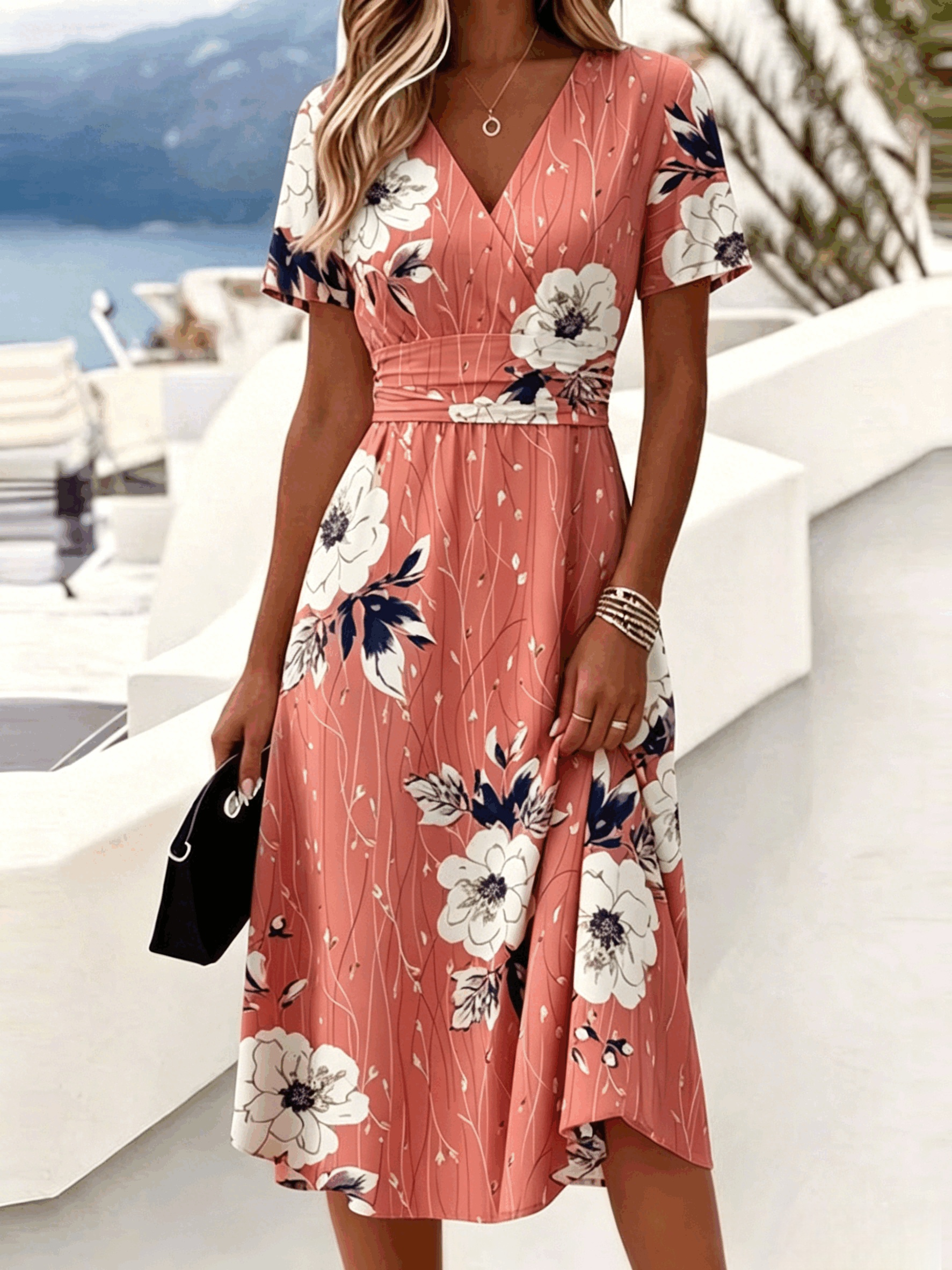 Casual Floral Regular Fit V Neck Dress With No