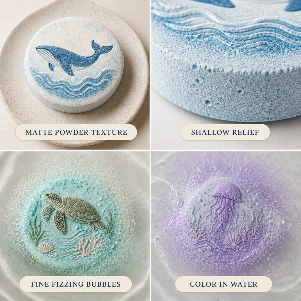 Four detail panels showing dry pressed bath bomb texture, round form, marine relief and fine fizzing bubbles in water