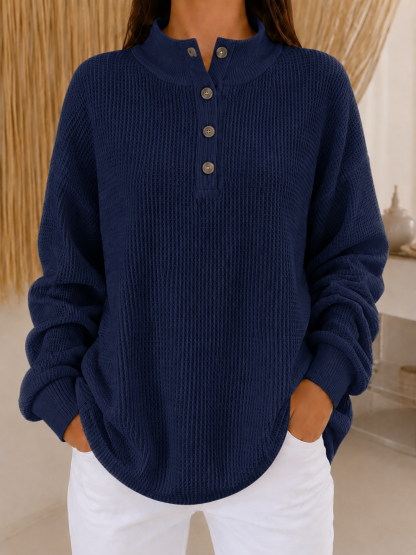 Cozy Luxe Waffle Knit Button-Down Pullover - Loose Fit Casual Long Sleeve Tops