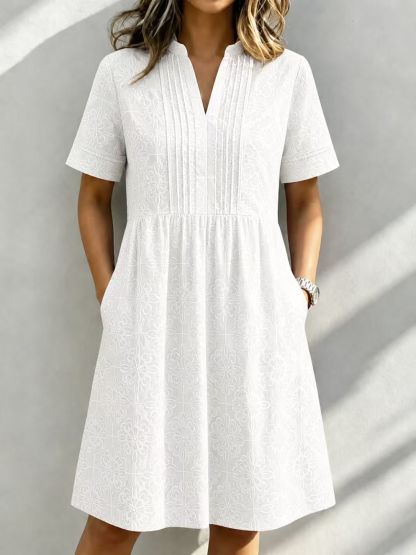 Casual V-Neck Embroidered Short Sleeve A-Line Dress with Pockets