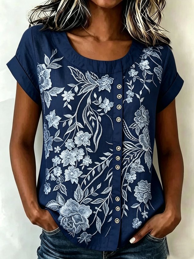 Printed Linen-Blend Crew Neck Loose Casual Top