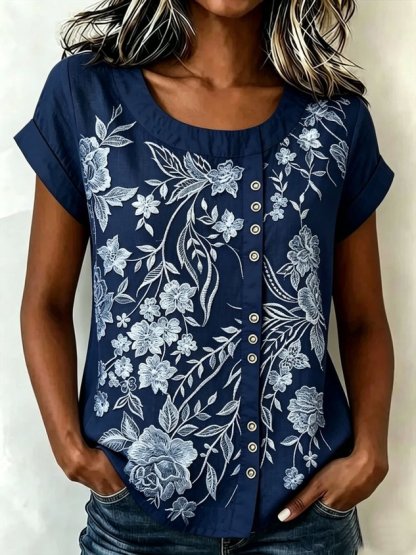 Printed Linen-Blend Crew Neck Loose Casual Top