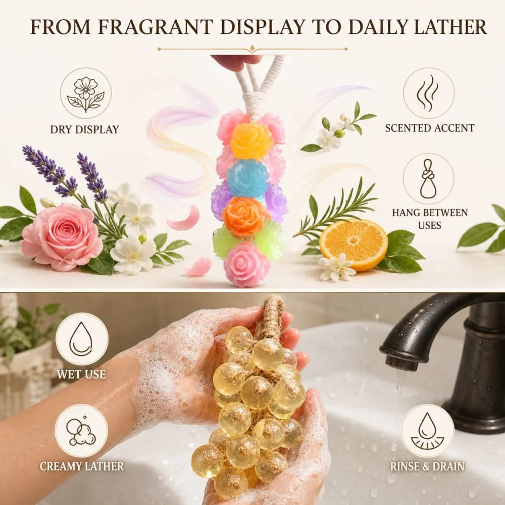 Infographic comparing fragrant dry display and creamy wet soap use