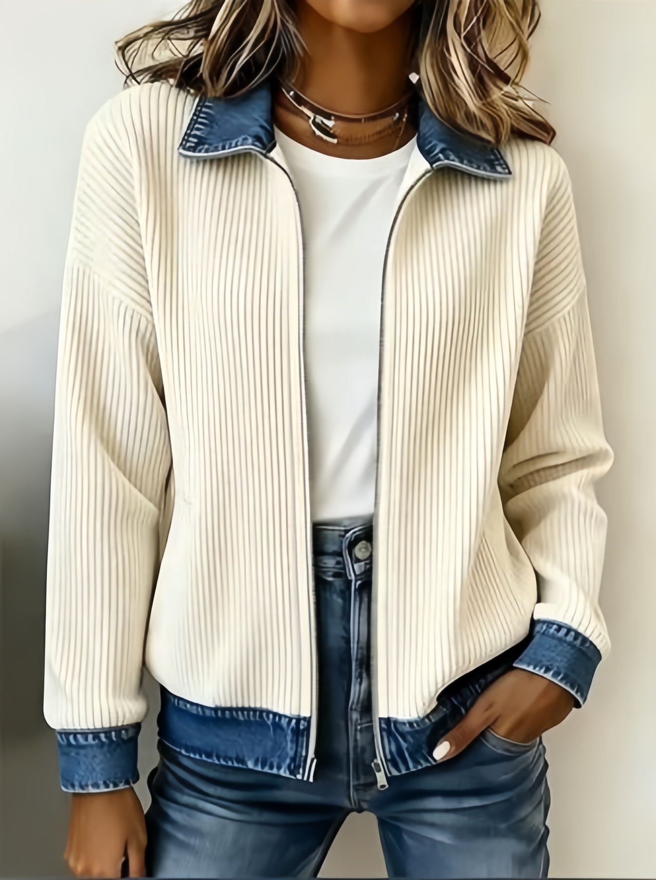 Women Ribbed Knit Zip‑Up Jacket Denim Contrast Collar Cuffs Hem