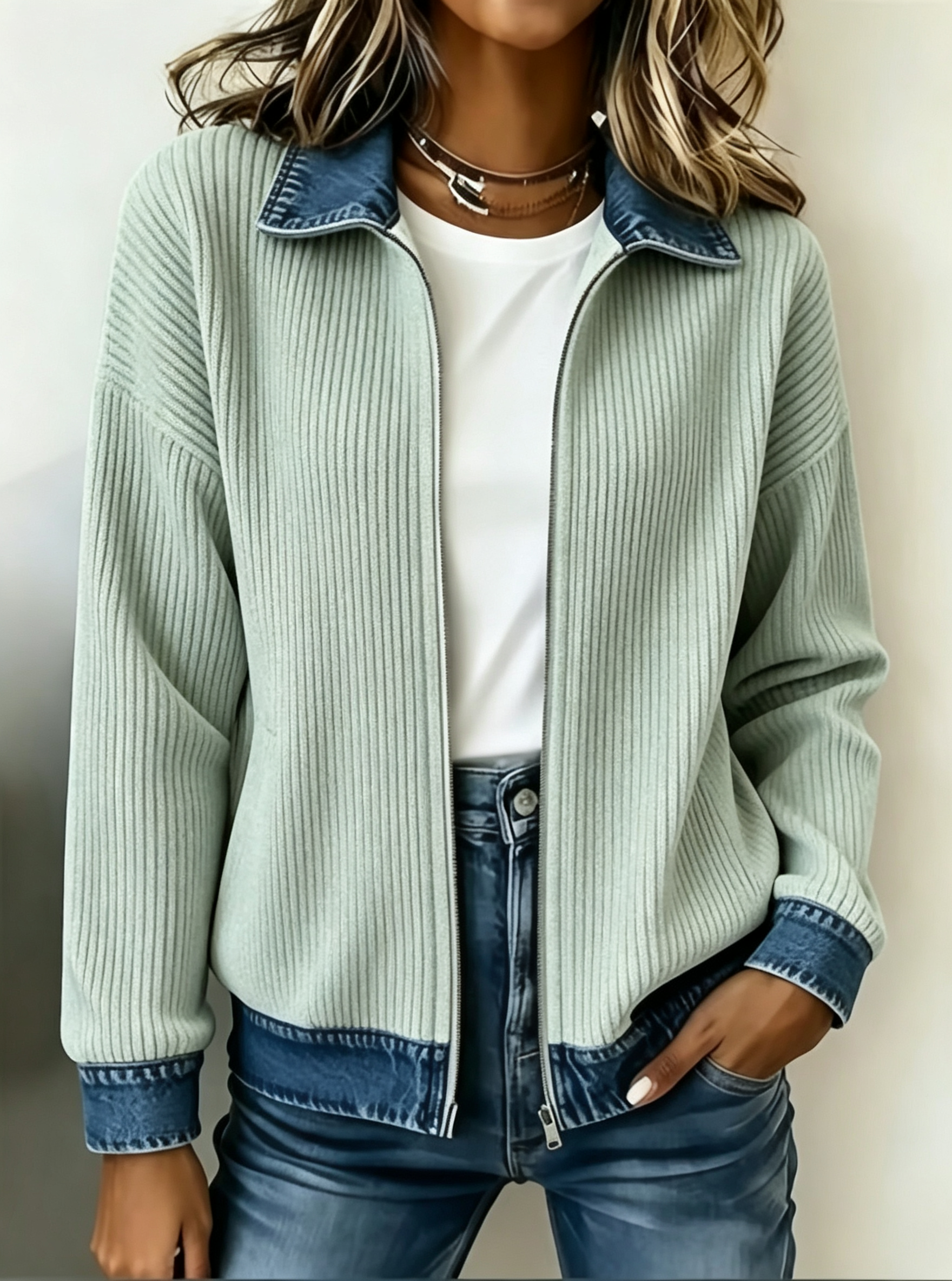 Women Ribbed Knit Zip‑Up Jacket Denim Contrast Collar Cuffs Hem