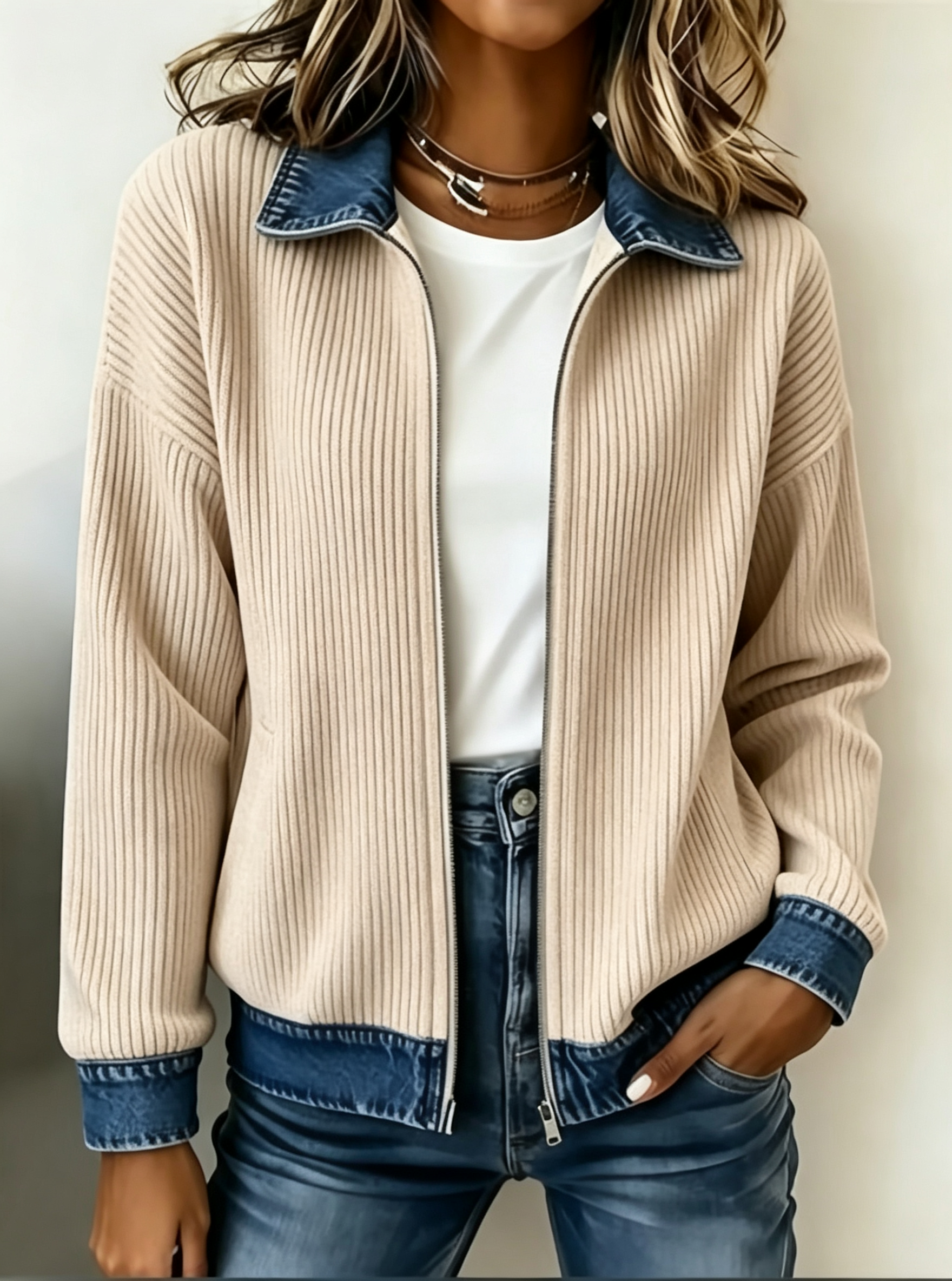 Women Ribbed Knit Zip‑Up Jacket Denim Contrast Collar Cuffs Hem