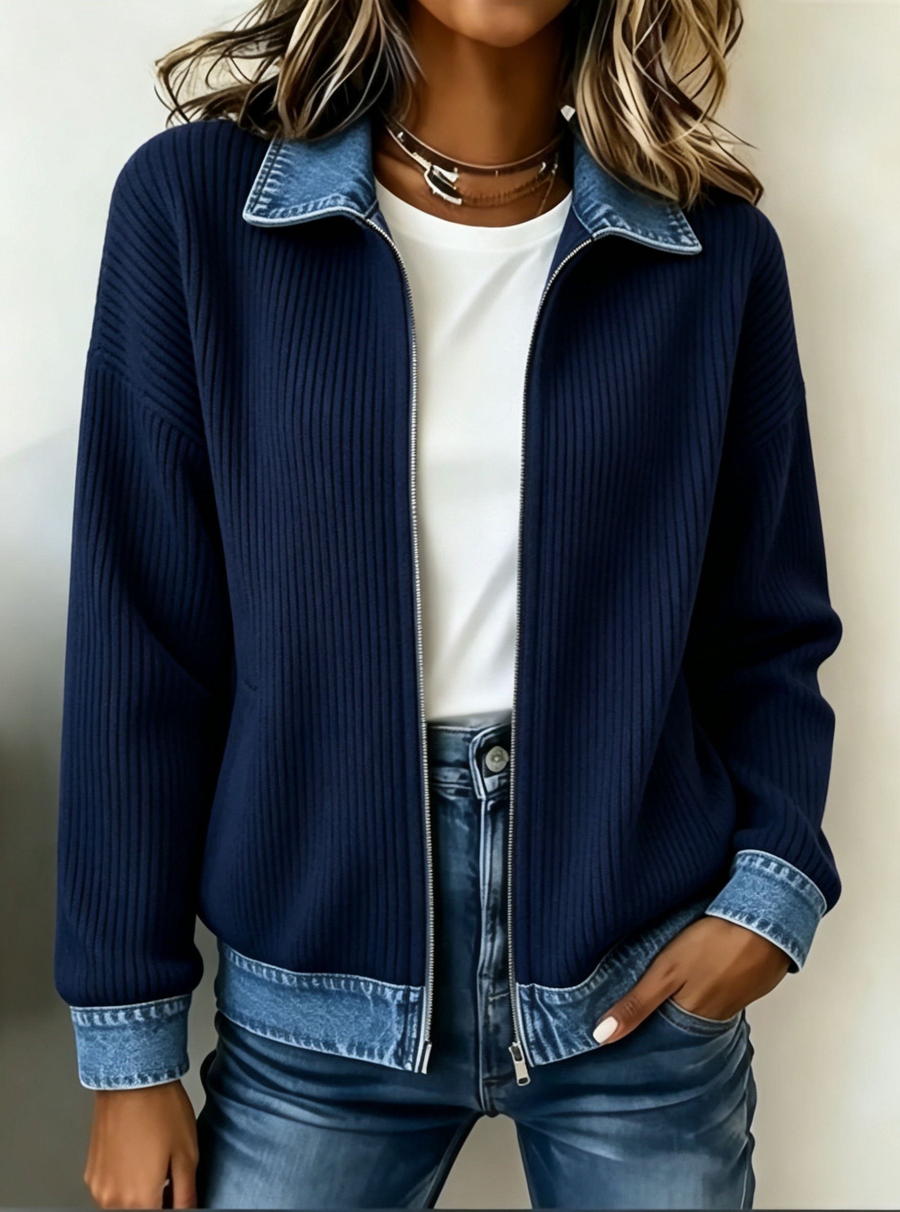 Women Ribbed Knit Zip‑Up Jacket Denim Contrast Collar Cuffs Hem