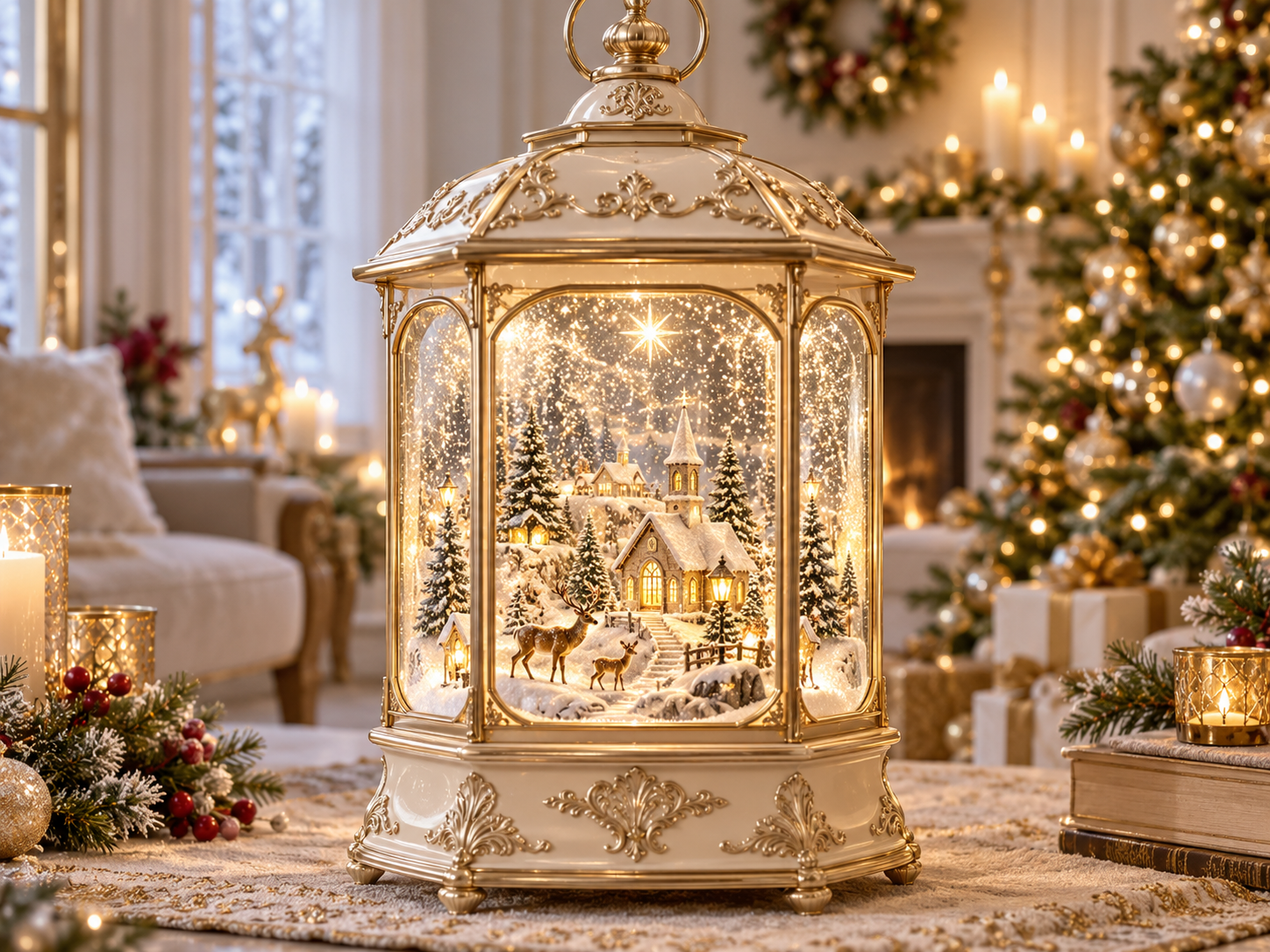 Christmas Light-Up Spinning Snow Globe Lantern