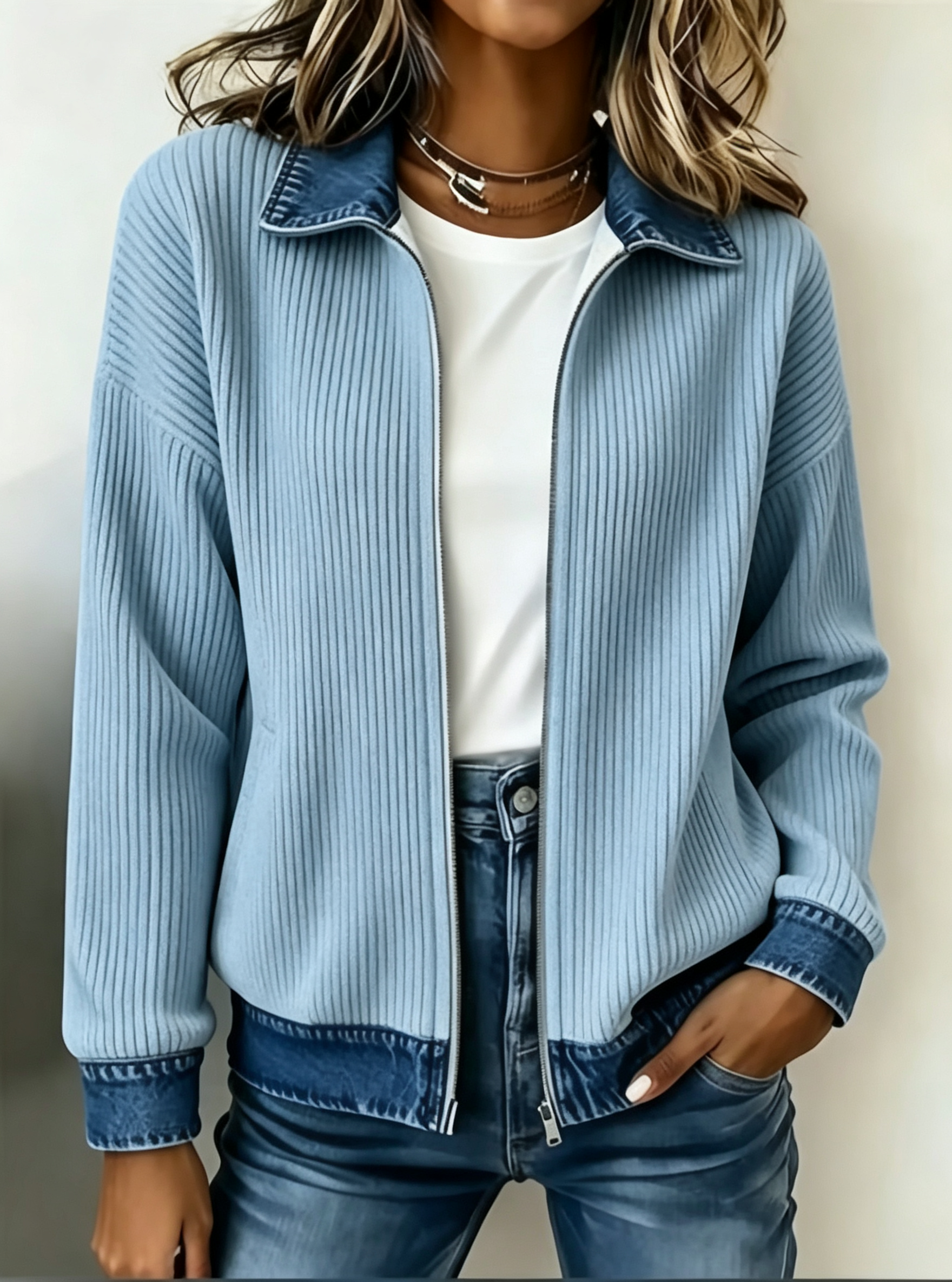 Women Ribbed Knit Zip‑Up Jacket Denim Contrast Collar Cuffs Hem