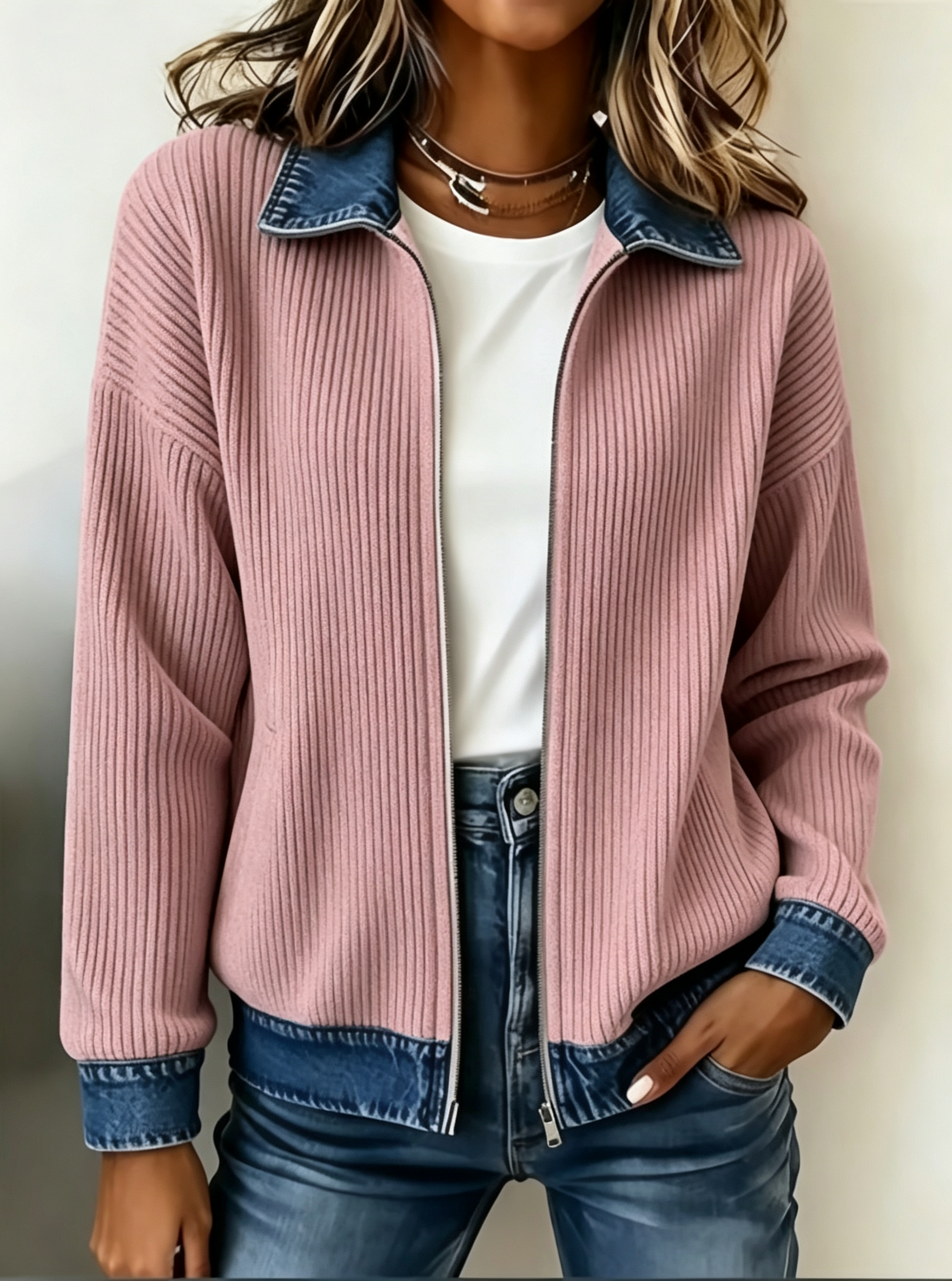 Women Ribbed Knit Zip‑Up Jacket Denim Contrast Collar Cuffs Hem