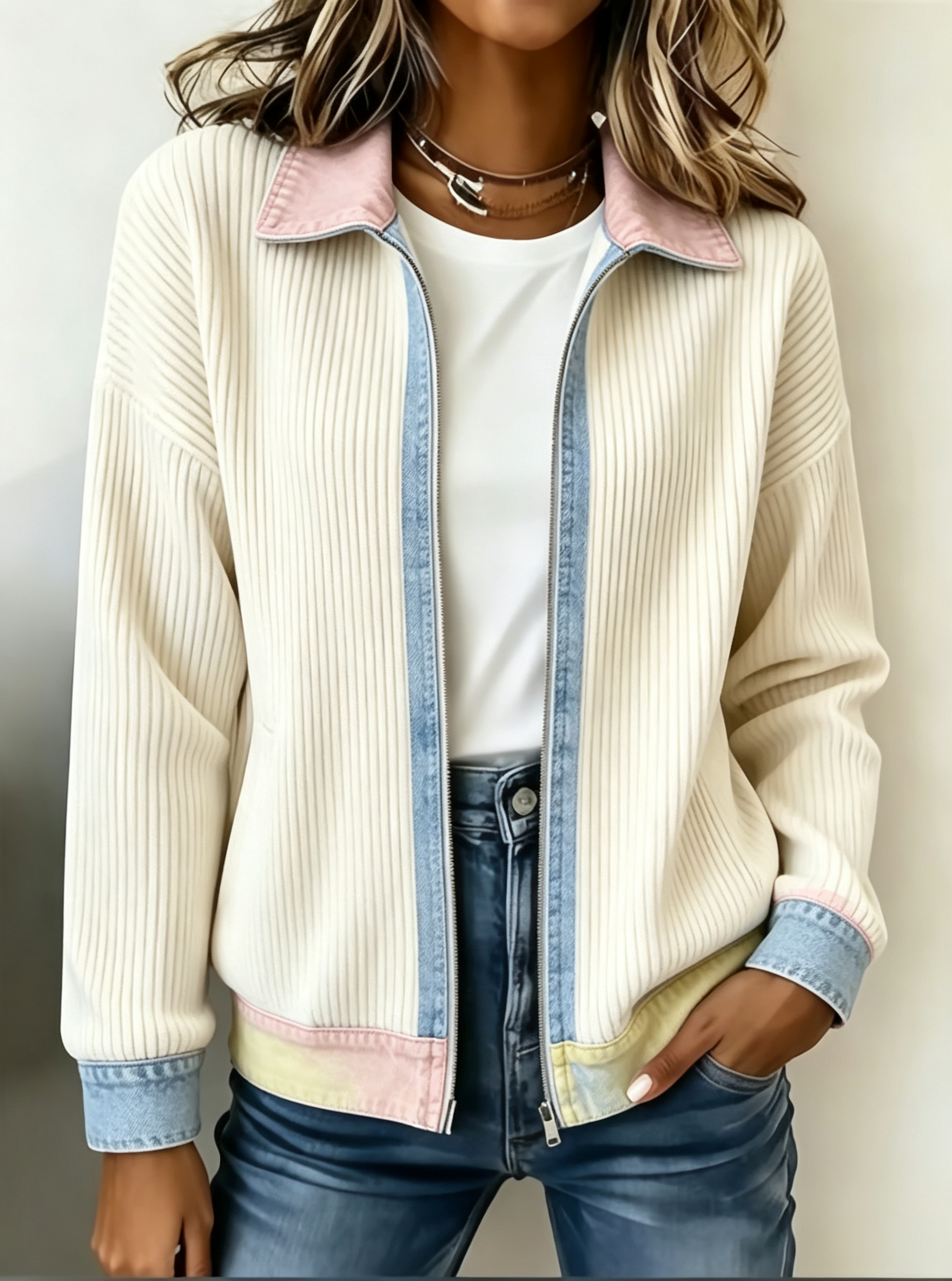 Women Ribbed Knit Zip‑Up Jacket Denim Contrast Collar Cuffs Hem