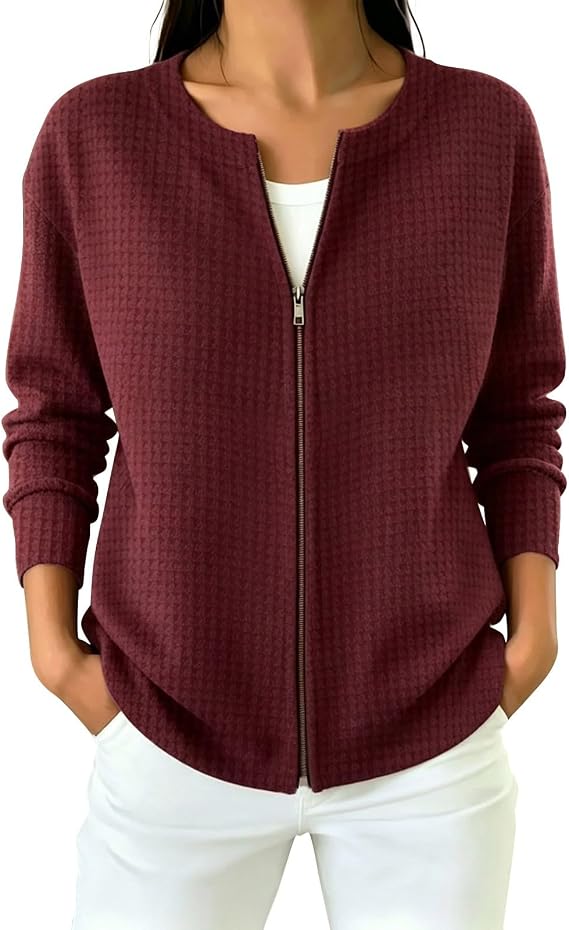 Waffle Knit Tops For Women Zip Up Cardigan Sweaters Long Sleeve Y2K Cute Sweatshirt Fashion Coat Womens Fall Outfits