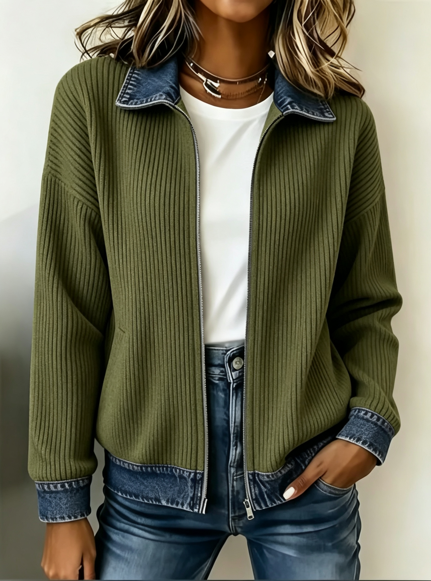 Women Ribbed Knit Zip‑Up Jacket Denim Contrast Collar Cuffs Hem