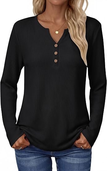 Women's Long Sleeve Waffle Knit Shirts Dressy Casual Loose Button Up V Neck Tops 2026 Fall Basic Tee Blouse