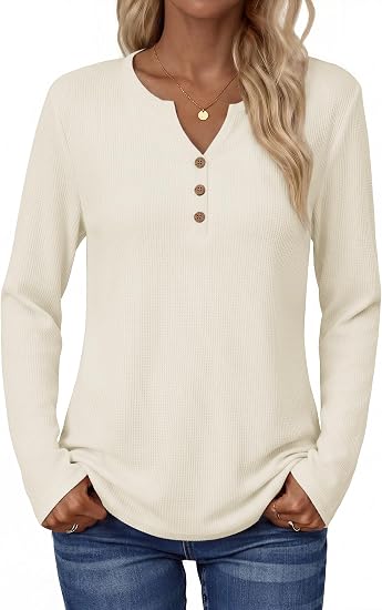 Women's Long Sleeve Waffle Knit Shirts Dressy Casual Loose Button Up V Neck Tops 2026 Fall Basic Tee Blouse
