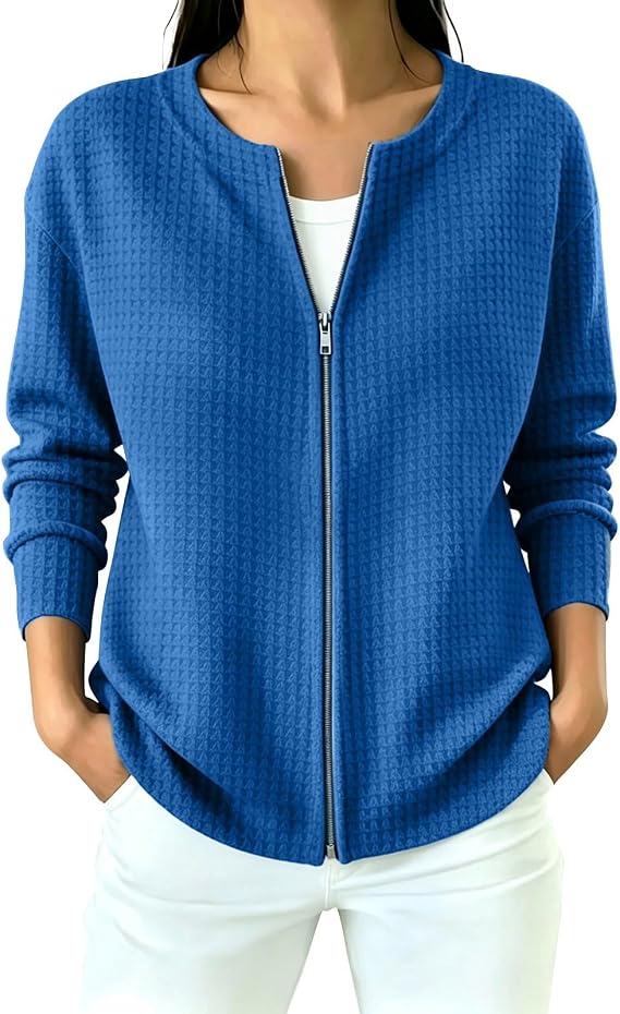 Waffle Knit Tops For Women Zip Up Cardigan Sweaters Long Sleeve Y2K Cute Sweatshirt Fashion Coat Womens Fall Outfits