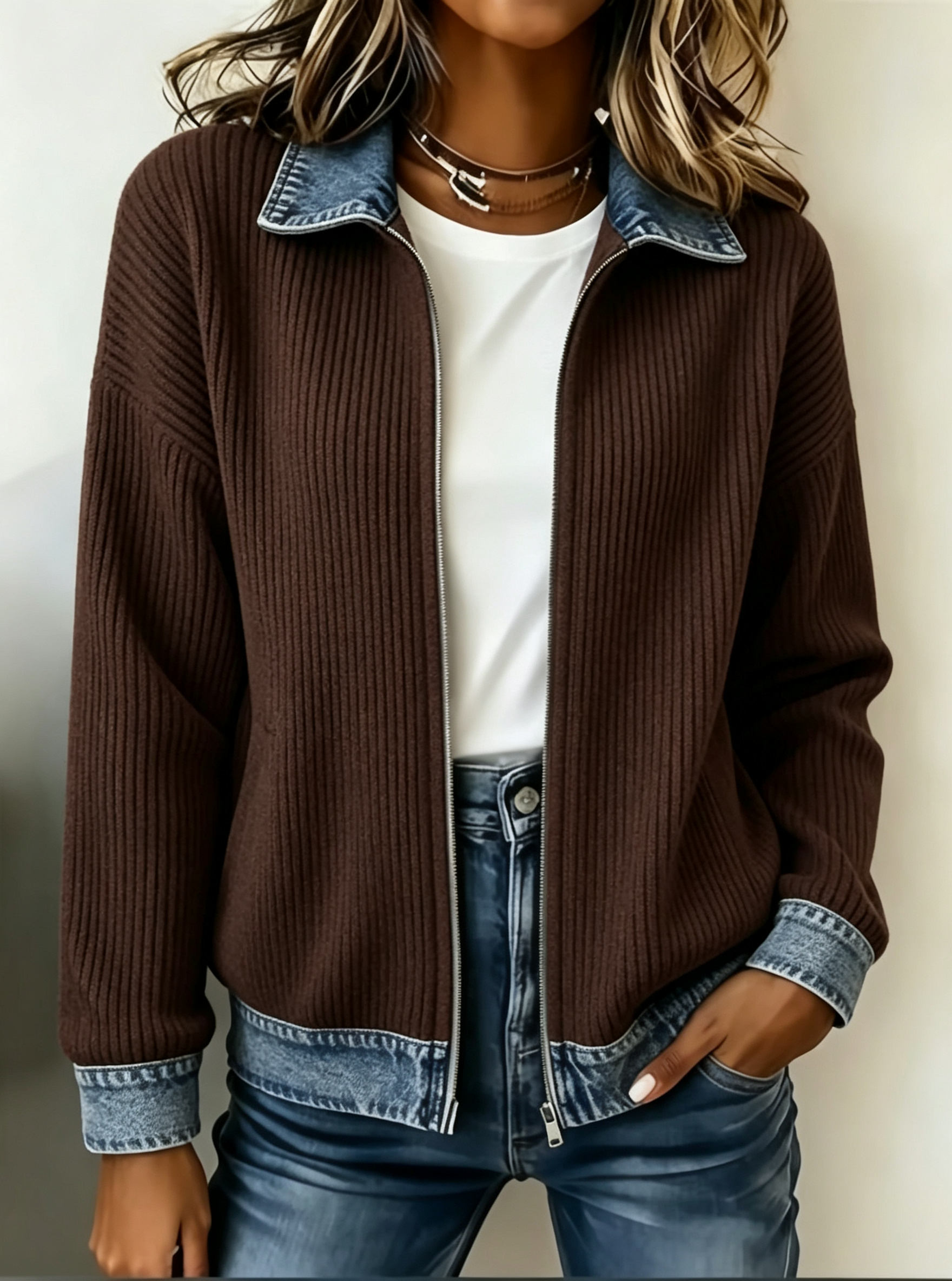 Women Ribbed Knit Zip‑Up Jacket Denim Contrast Collar Cuffs Hem