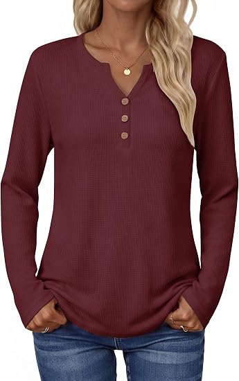 Women's Long Sleeve Waffle Knit Shirts Dressy Casual Loose Button Up V Neck Tops 2026 Fall Basic Tee Blouse