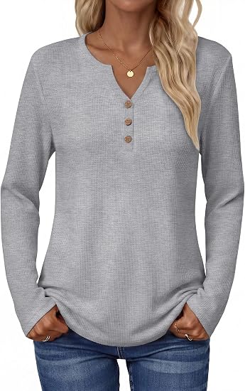 Women's Long Sleeve Waffle Knit Shirts Dressy Casual Loose Button Up V Neck Tops 2026 Fall Basic Tee Blouse