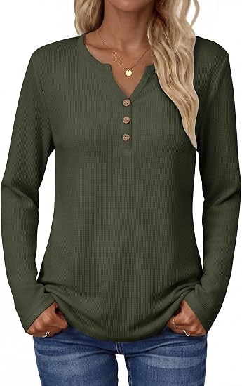 Women's Long Sleeve Waffle Knit Shirts Dressy Casual Loose Button Up V Neck Tops 2026 Fall Basic Tee Blouse