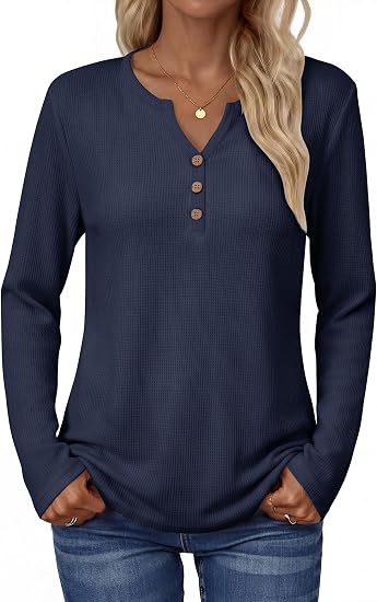 Women's Long Sleeve Waffle Knit Shirts Dressy Casual Loose Button Up V Neck Tops 2026 Fall Basic Tee Blouse