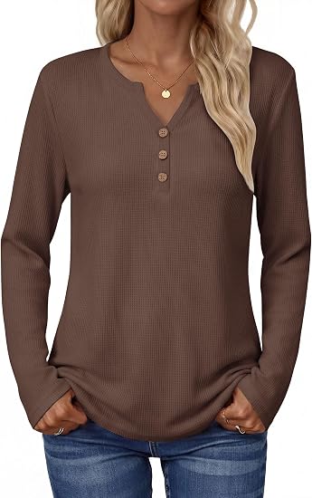Women's Long Sleeve Waffle Knit Shirts Dressy Casual Loose Button Up V Neck Tops 2026 Fall Basic Tee Blouse