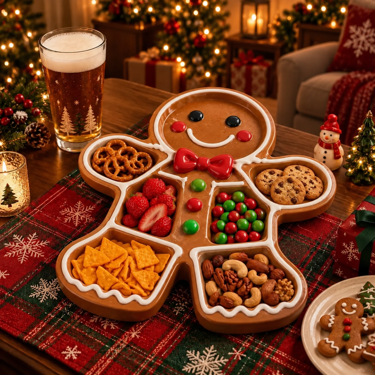 Gingerbread man-shaped Christmas snack tray filled with festive treats and cookies
