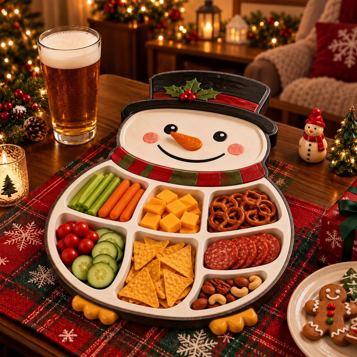 Snowman Christmas snack serving tray filled with crackers, cheese, vegetables and nuts
