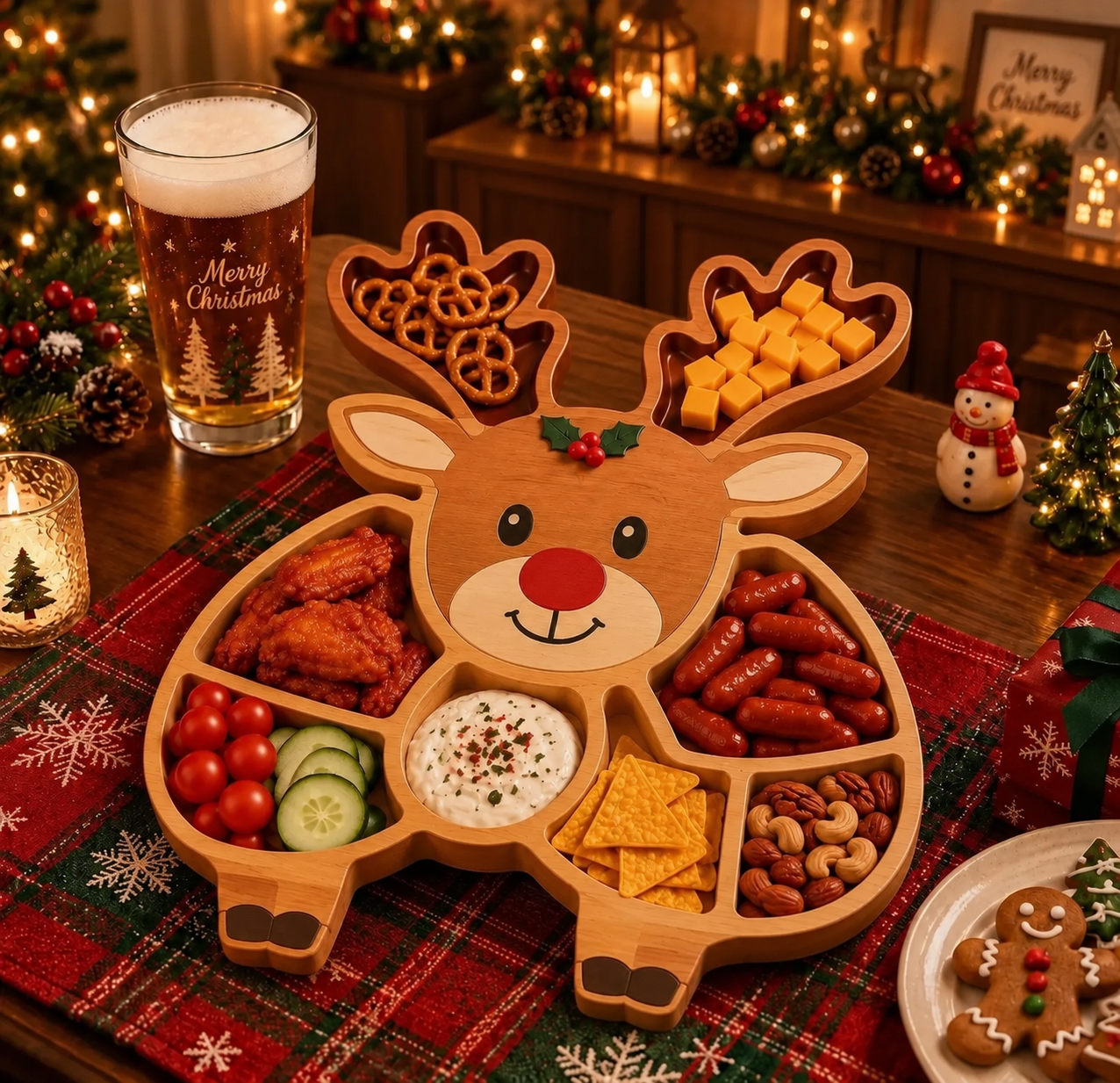 Reindeer Christmas serving tray with individually divided sections holding savory snacks