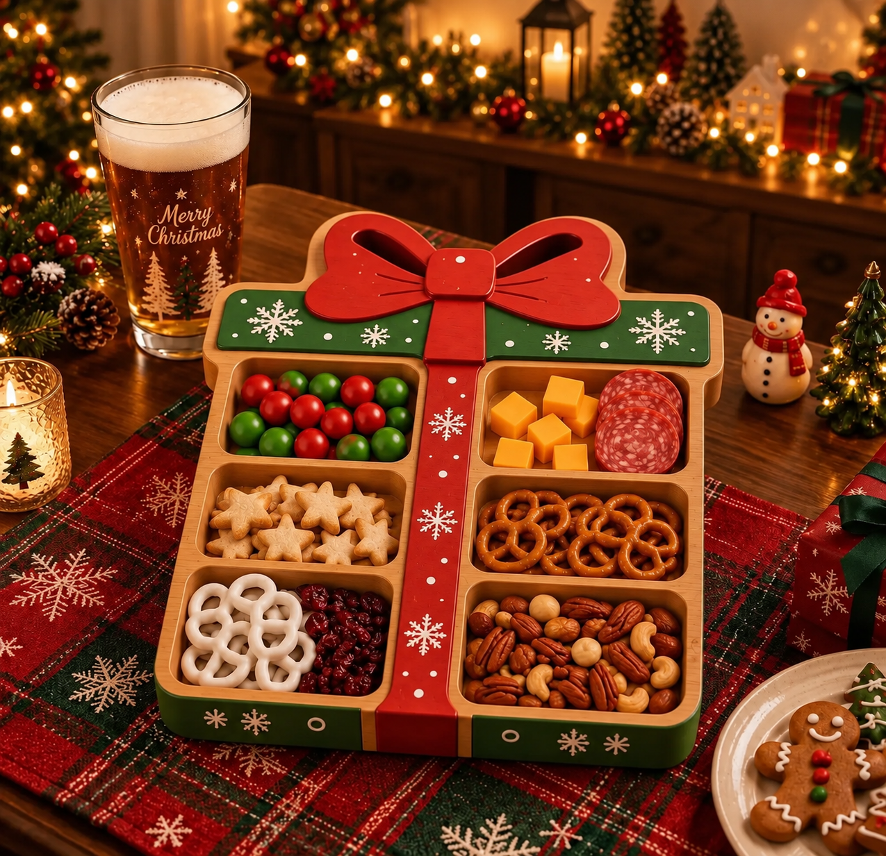 Gift box-shaped Christmas snack tray arranged for a festive holiday party
