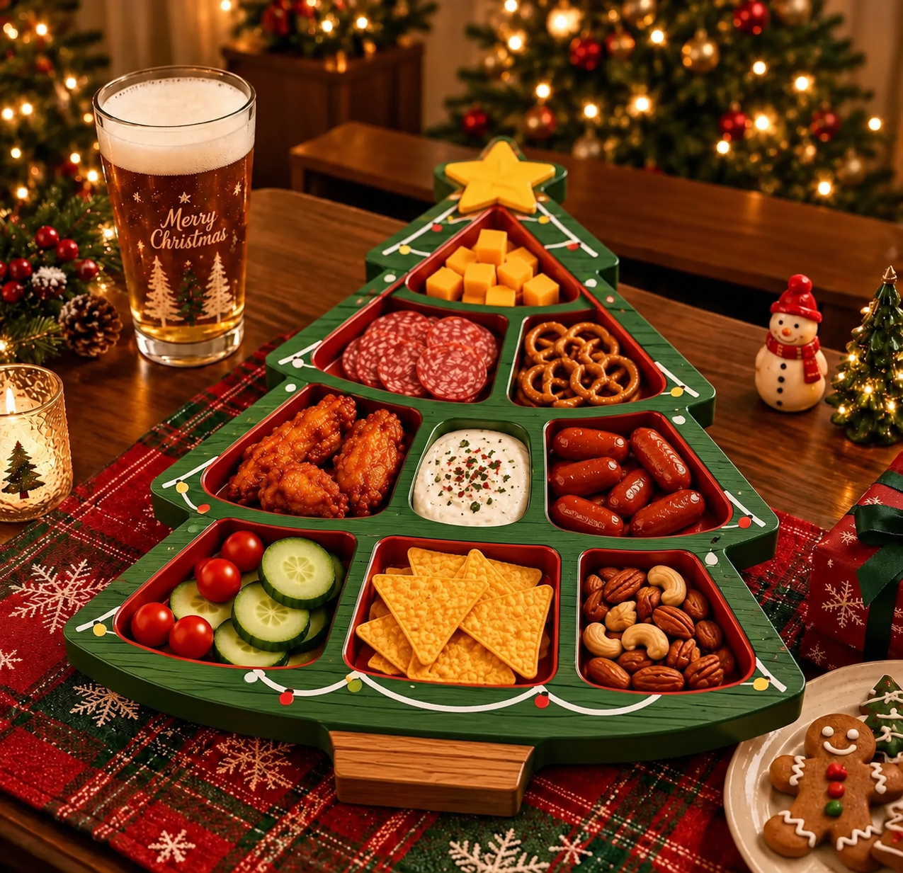 Christmas tree-shaped divided snack serving tray with a yellow star and festive green design