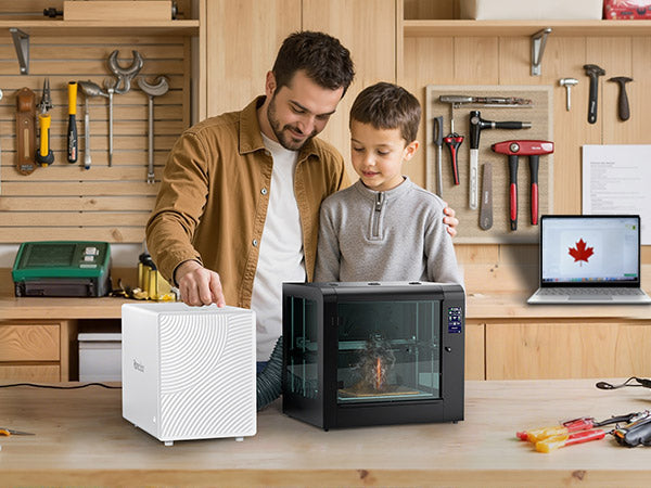 FumeClear affiliate partner demonstrating compact fume extractor in a cozy home workshop FumeClear affiliate partner demonstrating compact fume extractor in a cozy home workshop setting for safe and clean creative sessions