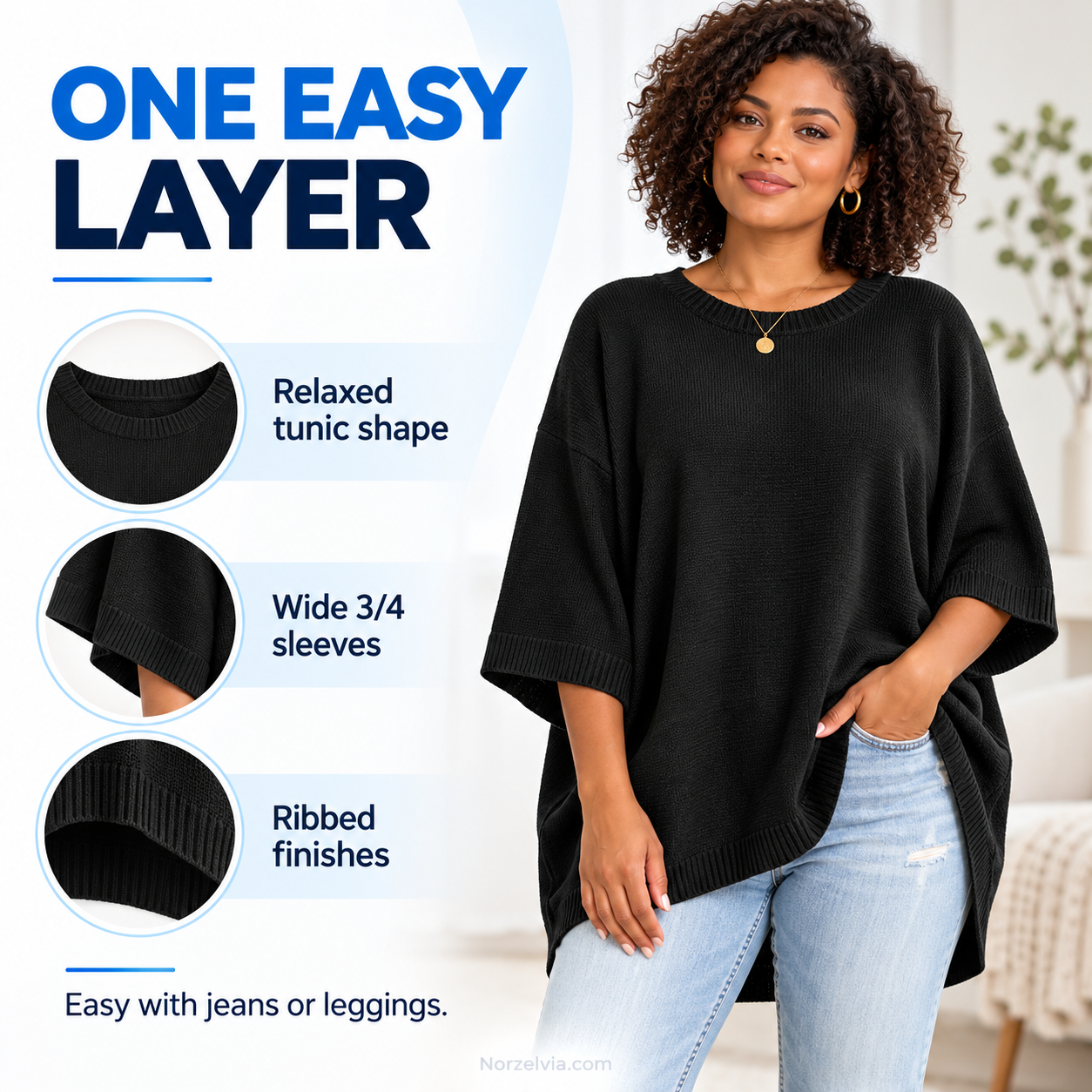 Relaxed High-Low Knit Tunic Top with Wide 3/4 Sleeves