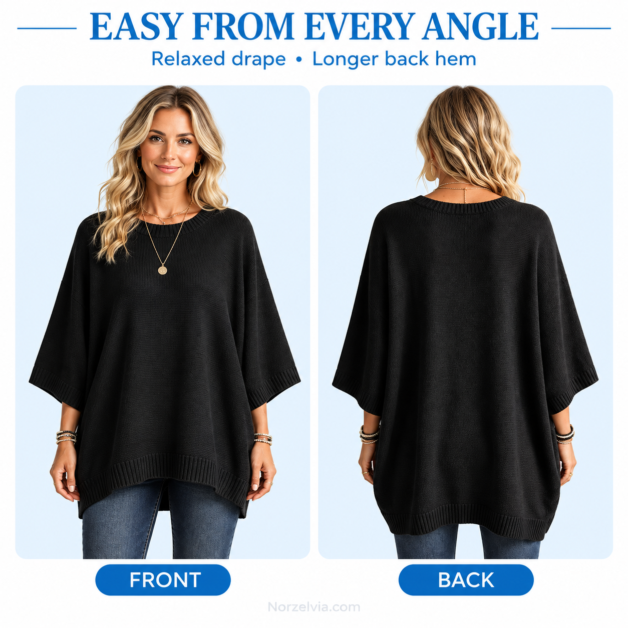 Relaxed High-Low Knit Tunic Top with Wide 3/4 Sleeves