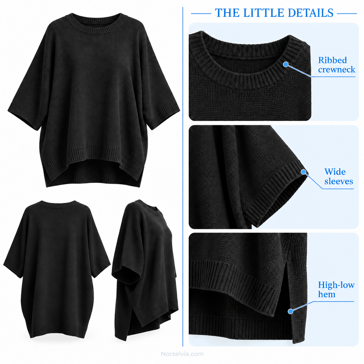 Relaxed High-Low Knit Tunic Top with Wide 3/4 Sleeves
