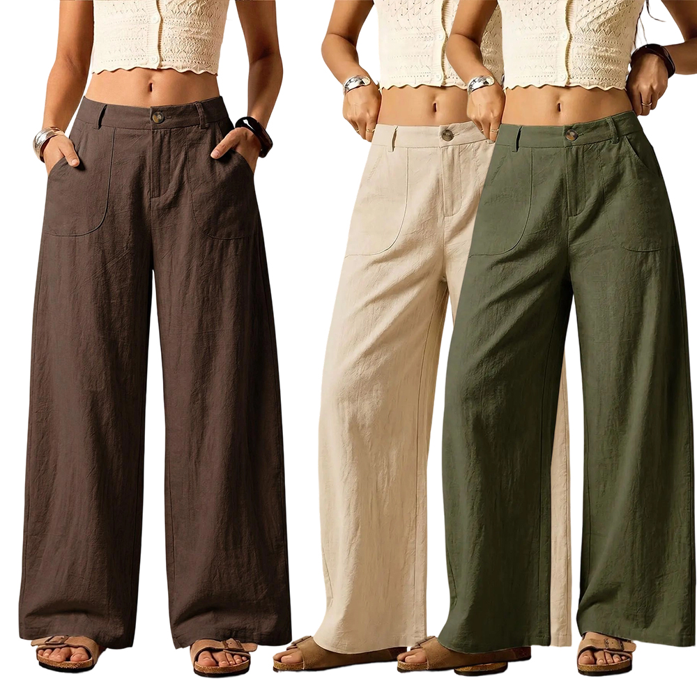 Women's Summer Linen Breathable Lightweight Palazzo Pants Flowy Wide Straight Leg Beach Trousers