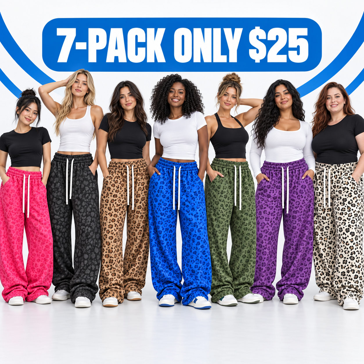 Women's Leopard Print Baggy Sweatpants Multipack - Elastic Waist Wide-Leg Lounge Pants