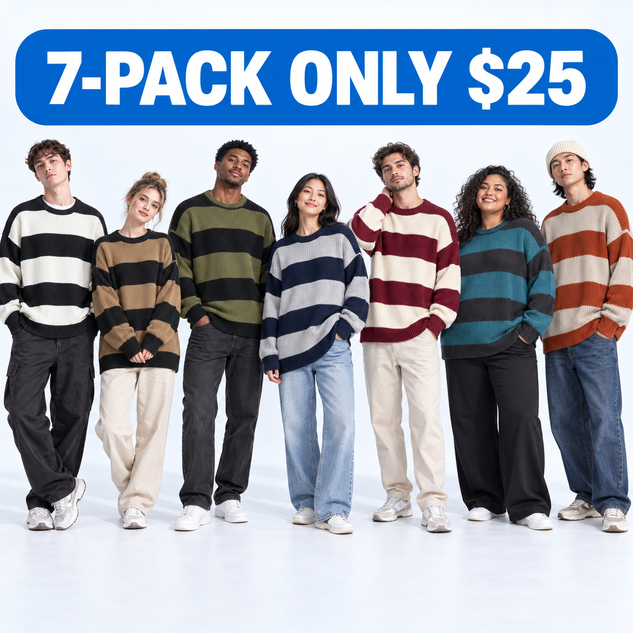 Unisex Relaxed Striped Knit Sweater Multipack - Oversized Crew Neck Pullover