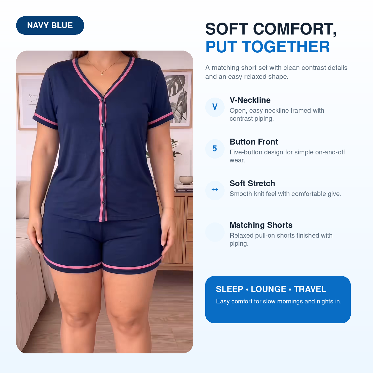 Women's Soft Stretch Button-Front Pajama Lounge Set Multipack - Short Sleeve Top & Shorts