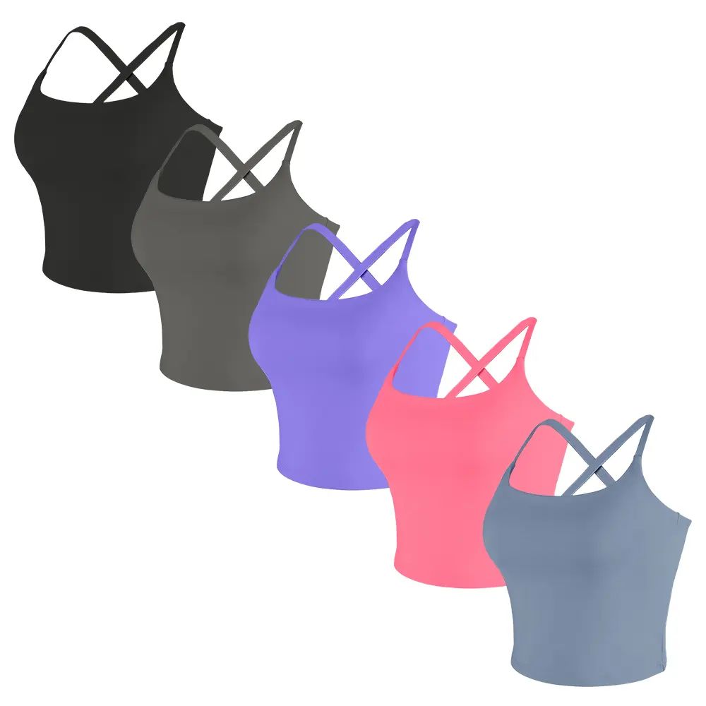 【3-Day Shipping】2026 New Adjustable Straps Built-in Bra Tank Top - Cross Back VS Spaghetti Straps & Scoop Neck, Slim Cute Buttery Soft Thicker Fabric Longline Sports Bra with Built-in One-Piece Bra Pads Yoga Wear Fitness Yoga Gym Activewear
