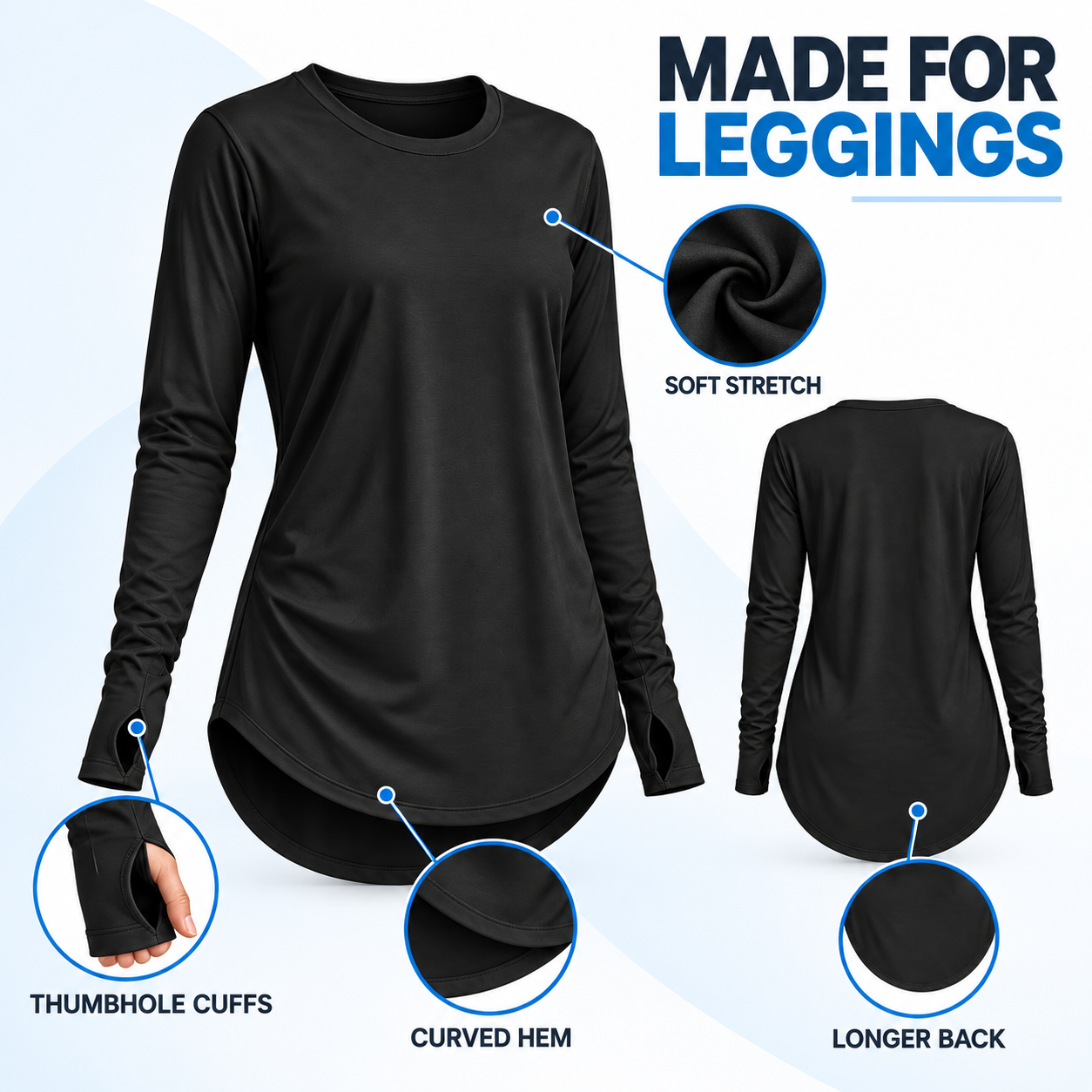 Women's High-Low Longline Tunic Top with Thumbhole Cuffs