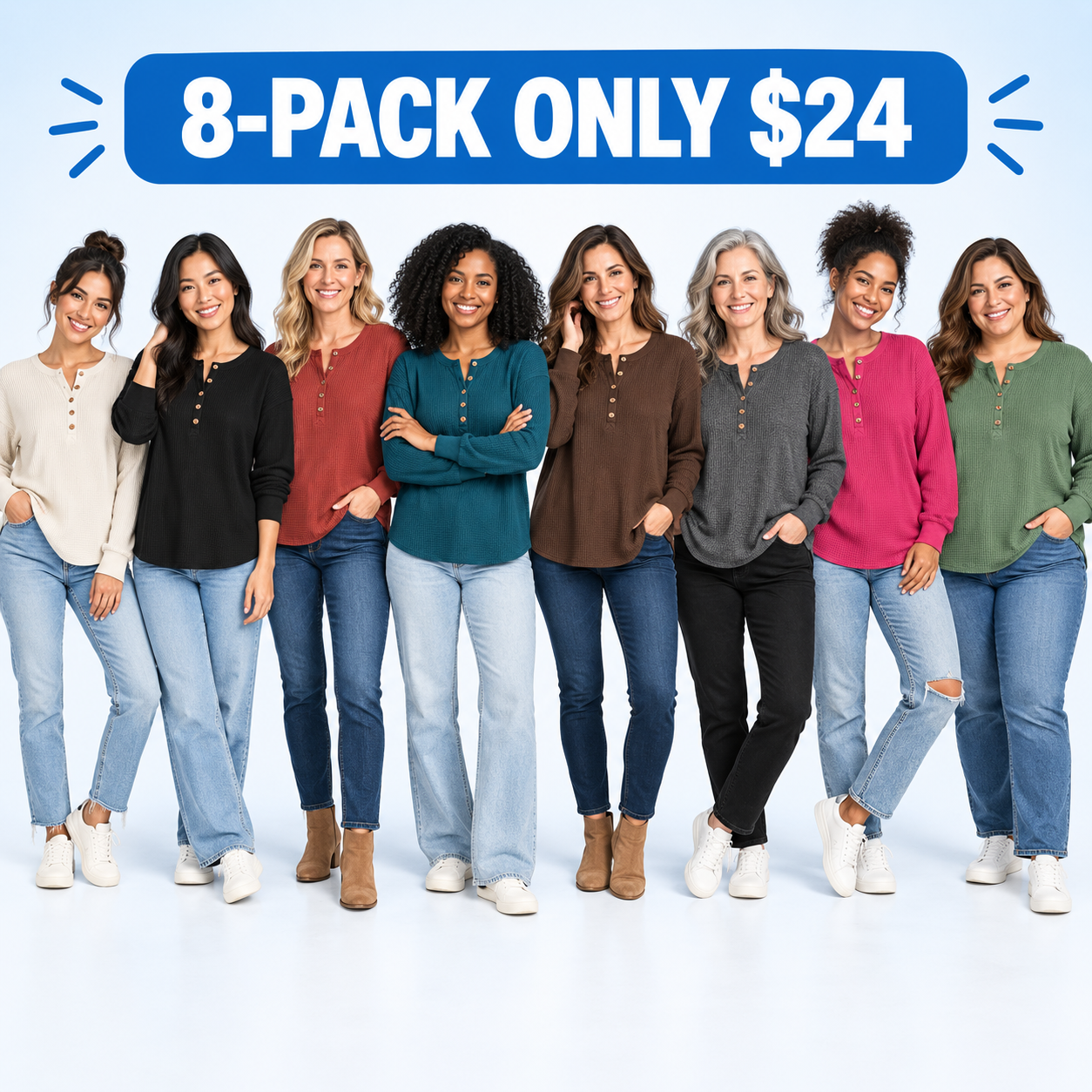 Women's Relaxed Waffle-Knit Henley Top Multipack - Long Sleeve Button Pullover