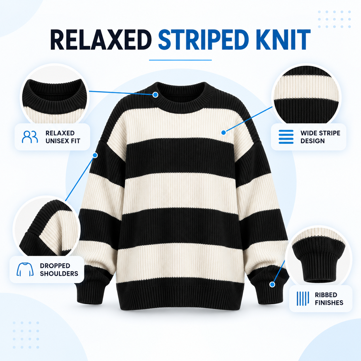 Unisex Relaxed Striped Knit Sweater Multipack - Oversized Crew Neck Pullover