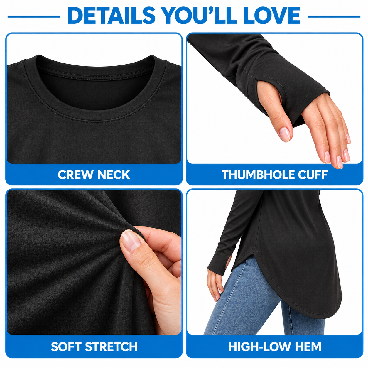 Women's High-Low Longline Tunic Top with Thumbhole Cuffs