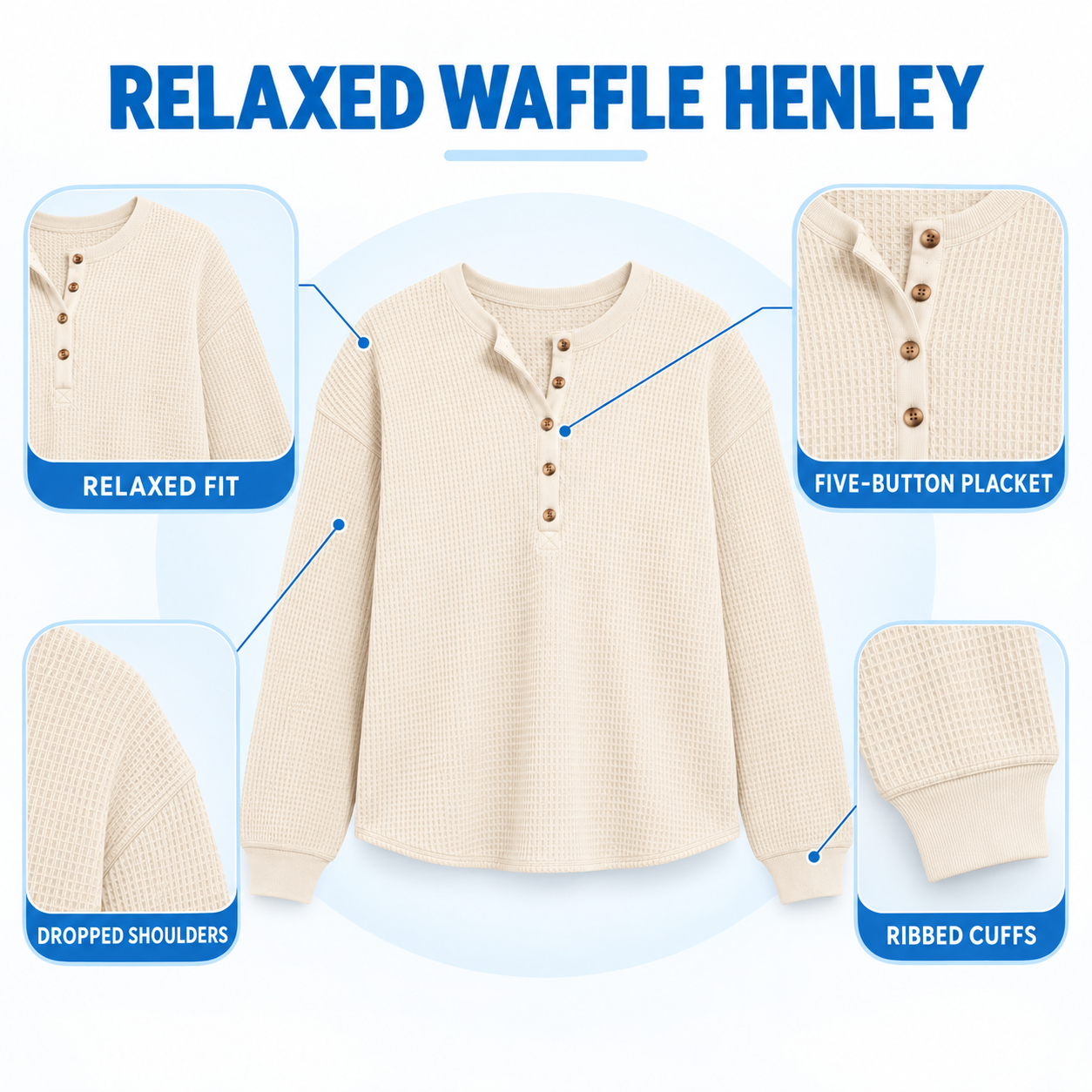 Women's Relaxed Waffle-Knit Henley Top Multipack - Long Sleeve Button Pullover