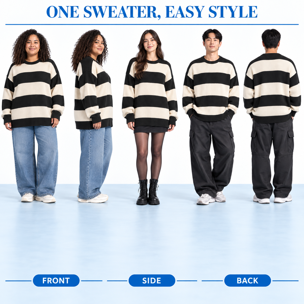 Unisex Relaxed Striped Knit Sweater Multipack - Oversized Crew Neck Pullover